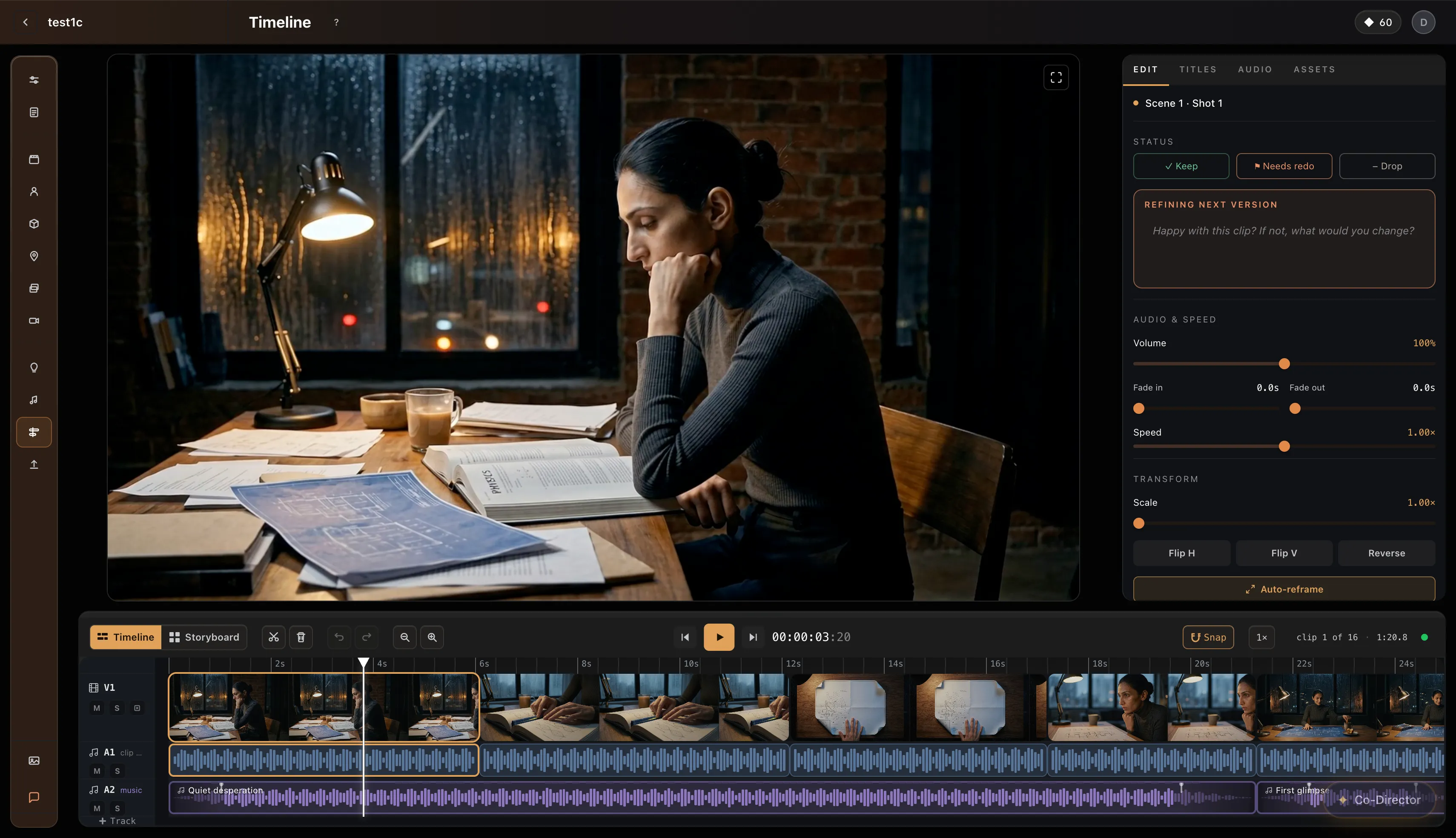 Cinegenta timeline editor — trim, reorder, and fine-tune clips with Co-Director